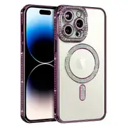 For Apple iPhone 14 Pro Case, MagSafe Magnetic Diamond Rhinestone Glitter Cute Crystal Bling Full Camera Lens Protector Shockproof Cover – Purple