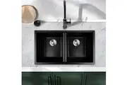 ACA 838x476x241mm Granite Stone Kitchen Laundry Sink with Stainer Waste Black Double Bowls Bar Sinks Top Mounted
