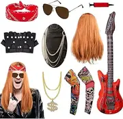 Rockstar Fancy Dress Set Men Kids, Rockstar Costume Accessories Including Heavy Metal Wig, Vintage Red Headband, Tattoo Sleeves, Gloves, Sunglasses, Inflatable Guitar, Punk Necklace, Jeans Chain etc.