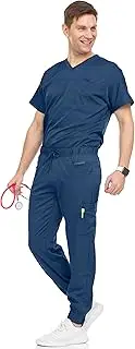 [MediChic] Men's Workwear Stretch V-Neck Scrub Joggers Set with Seven-Pocket Pants, Available in 6+ Colors