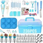 Cake Decorating Supplies Kit, 236PCS Cake Decorating Kit, 1 Storage Box with 36 Icing Tips, 8 Fondant Decorating Tools, 3 Scrapers, Spatula, 50 Piping Bags & More Set, Cake Baking Tools for Beginners