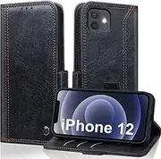 [Noaivoky] iPhone 12/12 Pro 6.1-Inch Case with Card Holder, Premium PU Leather, Flip Folio with Stand Feature - Black