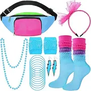 [Handepo] 19 Pcs 80s Costume Accessories Set Neon Retro 80s Fanny Pack Hairband Fishnet Gloves Bracelet Earrings Necklace Socks