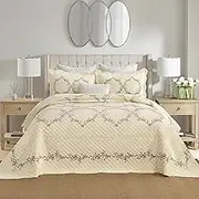 DDUOXIN Floral Embroidery Bedspreads King Size 120"x120" - 100% Cotton Reversible Oversized King Quilt with 2 Pillow Shams, Farmhouse Lightweight King Bedspread, Ivory/Green/Red, King/Cal King