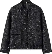 [Generic] Womens Solid Sequins Winter Pockets Long Sleeve Outerwear Covered Button Female Jackets