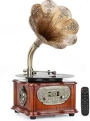 Vintage Phonograph Record Player - Retro Turntable with Bluetooth, Remote Control, Copper Horn, 3.5mm AUX-in, USB, FM Radio | Home Audio Record Players,Tan