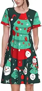 [SDEGTHO] Christmas Tree and Snowman Women's Casual Tshirt Short Sleeve Sundress for Party, Outdoor Gatherings with Pockets