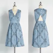 Modcloth Women's Large Blue Taming the Wild Flame Fit N' Flare Dress Sleevelesss