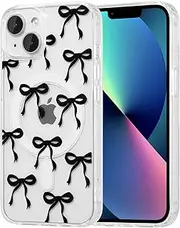 [UEEBAI] Magnetic for iPhone 14 Case & iPhone 13 Case, Bow Case Compatible with MagSafe, Wireless Slim Clear Ribbon Phone Case Anti-Yellowing Shockproof Protective Cover for Women Girl - Black