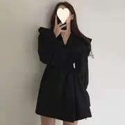Puff-Sleeve V-Neck Plain Ruffle Mini A-Line Dress HS990 - Black - M