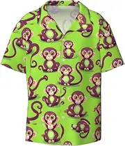 [HVTTIOR] Green Clever Monkey Print Short Sleeve Shirt Cuban Collar Beach Casual Style Summer Vacation Relaxed Fit