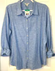 ORVIS Women's Blouse Sz XL Blue Linen Blend Button Up Soft Tunic Top NWT
