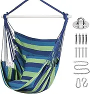 Goutime Hammock Chair Swing with 2 Seat Cushions Pillows, Hanging Chair with Detachable Metal Support Bar, Swing Chair with Carry Bag, Hanging Chair for Bedroom, Outdoor Chair(Blue and Green)