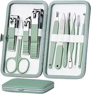 HANTEKAS 10 in 1 Stainless Steel Manicure Set, Nail Clippers Scissors Pedicure Tools Kit - Portable Travel Grooming Kit for Men and Women with Leather Case (Jade Green)