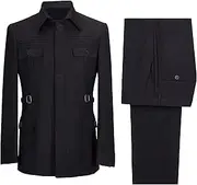 [JEShifangjiusu] Men Single Butterfly Two Piece Casual Multi Pocket Business Set Slim Fit Dress Pants, Black, 46