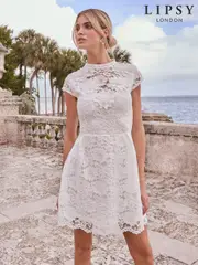 Lipsy White Petite Lace Short Sleeve Lantern Mini Dress (AW7784) | $150