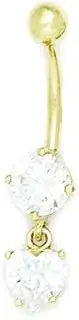 [Generic] 14ct Yellow Gold CZ 14 Gauge Dangling Love Heart Drop Body Jewelry Belly Ring Measures 32x8mm Jewelry Gifts for Women
