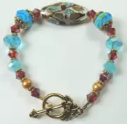Turquoise & Red Crystal Lampwork & Pearl Bracelet Handcrafted