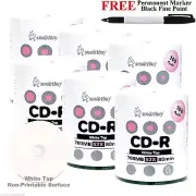 600 Smartbuy CD-R 52X 700MB White Top Blank Media Disc + Black Permanent Marker