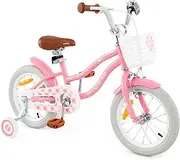 [Honey Joy] Kids Bike, 14 16 Inch Ride On Bicycle for Children w/Adjustable Handlebar & Seat, Front Handbrake, Rear Coaster Brake, Removable Basket, Kids Bicycle w/Training Wheels for 3-7 Years