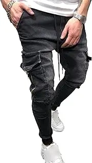 [Zylphorix] Men Casual Drawstring Sports Pencil Jeans Classic Multi Pocket Skinny Denim Pant Y2K Retro Elastic Slim Fit Trouser, Black, Large