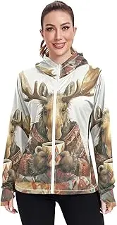 [RPLIFE] Cute Moose Sun Shirt with Hood, Upf 50+ Zip up Thumbhole Shirts Women
