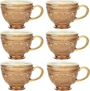 Blissora Large Embossed Tea Cup, Valentines Ribbed Coffee Mug Sets Pack of 2/4/6 for Cereal Cappuccino Dessert, Crystal Friend Mum Gift (Tawny, 6 Pack)