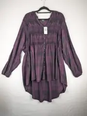 NEW Torrid Tunic Size 3 Purple/Black Plaid Rayon Twill Smocked Button-Front Top