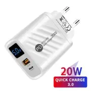 20W PD QC3.0 Digital Display USB-A TypeC Quick Charger For Phone AU