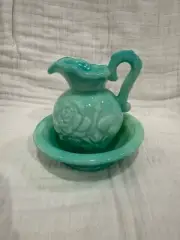 Vintage Avon Jadeite Green Swirl Milk Glass Rose Mini Bowl and Pitcher Set 1976