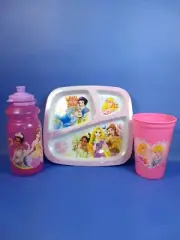 DISNEY PRINCESS KID MEALTIME DINING SET WATER SPORT BOTTLE DIVIDER PLATE CUP ZAK