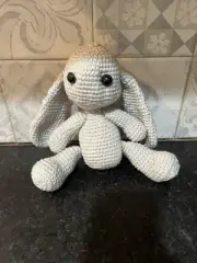Cute 9 inch light Grey Crocheted Bunny with hard eyes