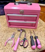 Member's Mark 11" 2 Drawer Metal Mini Toolbox with 5 Piece Tool Set Pink