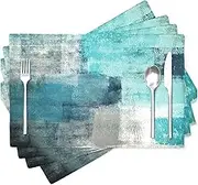Linen Placemats Set of 4, Washable Modern Style Art Place Mats Set, Heat Resistant Non-Slip Table Mats Linen Teal Placemat for Cafe Dining Table Home Kitchen Decor (Turquoise Grey)