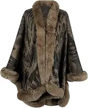[BAILEYU] Women Knitted Cape Coat Peacock Flower Warm Cardigan Poncho Faux Fur Shawl Cloak Oversize Wrap Stole for Autumn Winter,Brown,One Size