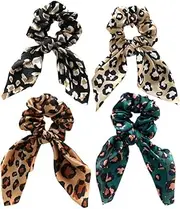 4 Pcs Leopard Satin Hair Scrunchies Bow Knot Hair Ties Bunny Ear Hair Scrunchies Elastic Ponytail Holders For Girls Women Multicolor