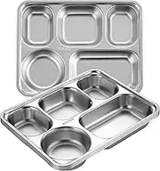 YLARMY Set of 4 Stainless Steel Rectangular Divided Plates – 5-Section Dinner Plates for Adults,Unbreakable Metal Trays for Campers Portion Control Plate (4)