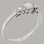 Solid 10k White Gold Natural Opal & Cultured Pearl Womens Trilogy Ring