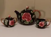 FRITZ & FLOYD 5 PIECE TEA SET MIDNIGHT ROSE 1987 TEA/COFFEE POT CREAM SUGAR RARE
