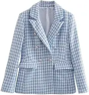 [Kromoc] Women's Little Fragrant Wind Houndstooth Blazer Peak Lapel Double Breasted Buttons Suit Jacket for Party/Prom Coat