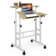 Costway Mobile Stand Up Desk Height Adjustable Computer Workstation Ergonomic Sit Stand w/Wheels Home Office Natural