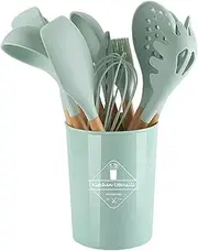 12 PCS Silicone Utensil Set, Wooden Handle Nontoxic BPA Free Silicone Spoon Spatula Turner Tongs Kitchen Gadgets Utensil Set for Nonstick Cookware with Holder (Light Green)