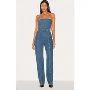 Tall Indigo Vintage Wash Bandeau Style Straight Leg Denim Jumpsuit, Indigo Vintage Wash