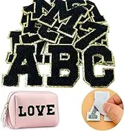 Chenille Letter Patches Self-Adhesive & Iron-On Letters, 52pcs Varsity Fuzzy Patch Glitter Alphabet - 26pcs, Black