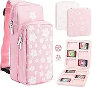 FUNDIARY Travel Bag for Nintendo Switch, OLED & Lite Carrying Case, Portable Shoulder Bag Set for Switch, Crossbody Backpack Accessories Bundle with Game Case and 2 Thumb Caps - Pink Sakura