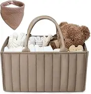 Diaper Caddy Organizer - Large Nappy Caddy Organizer for Baby Nursery, Car Storage Organizer, Baby Gift Basket, Changing Table Organizer, Portable(Khaki, With Bib)