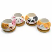 Ceramic Succulent Planters Set of 4 Cat Pots Cactus Mini Plants w Bamboo base