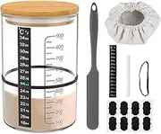 Sourdough Fermentation Jar Set 900ml Transparent Glass Sourdough Fermentation Container with Wooden Lid Temperature Stickers Rubber Bands Silicone Spatula Cloth Cover Labels and Pen