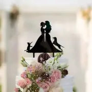 Silhouette Two Brides with Cat and Dog Cake Topper
