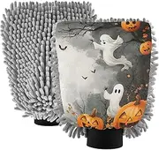 XYMZR Halloween Pumpkin Bat Absorbent Microfiber Car Wash Mitt, Funny Cute Anime Scratch Free for Cars Cleaning, Home Cleaning Mitts, 2 Pack, 10.24” L x 7.09” W